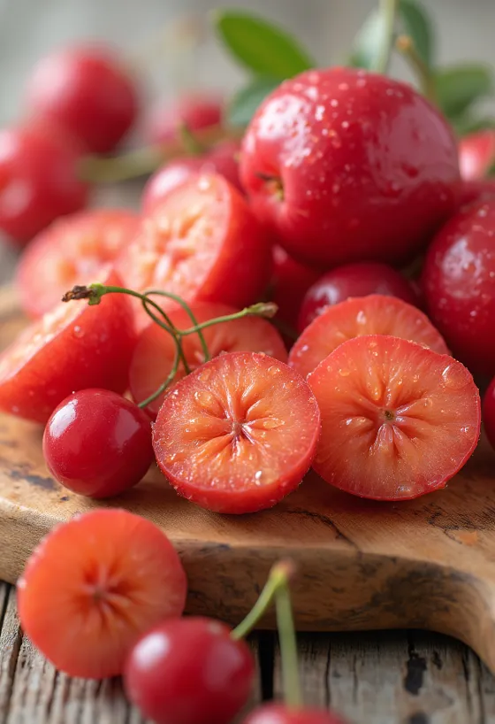 Qershi acerola të freskëta të prera dhe të plota në sipërfaqe neutrale