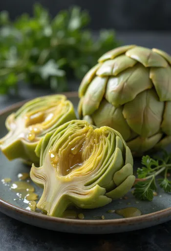 Zemra angjinaresh, të pastruara me kujdes, para një sfondi druri rustik