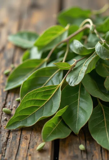 Gjethe dafine të thata në banak kuzhine prej druri, në formë natyrale