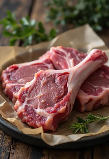 Brinjë qengji të freskëta krudo në kockë, të rregulluara në dërrasë druri