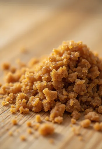 Sheqer kafe në tas me lugë druri, me kokrriza melase