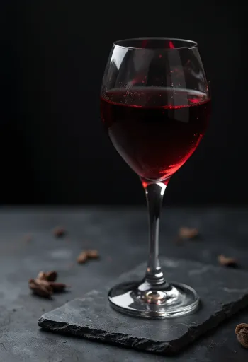 Verë në gotë qelqi, e rrethuar nga vile rrushi, musht rrushi dhe një fuçi druri