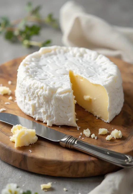 Djathë brie i prerë në feta mbi dërrasë druri, me brendësi kremoze