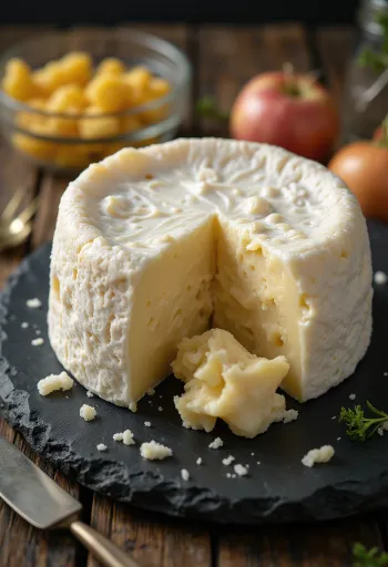 Djathë Camembert i prerë në feta mbi dërrasë druri, me brendësi kremoze
