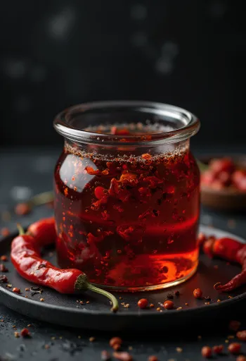 Vaj djegës në shishe, pranë tij në tas, me speca djegës të tharë