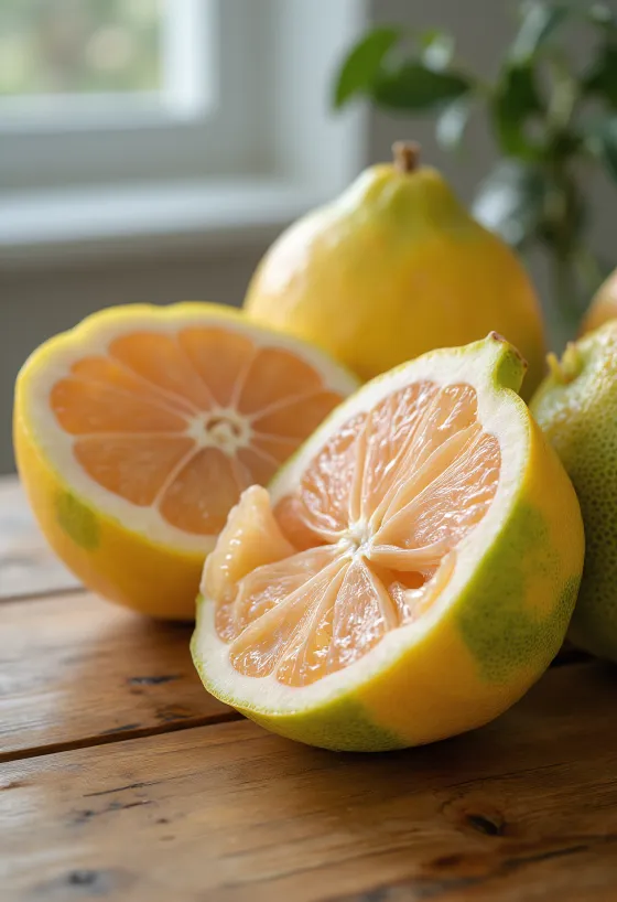Fruta pomelo të plota dhe të prera në sipërfaqe druri rustike