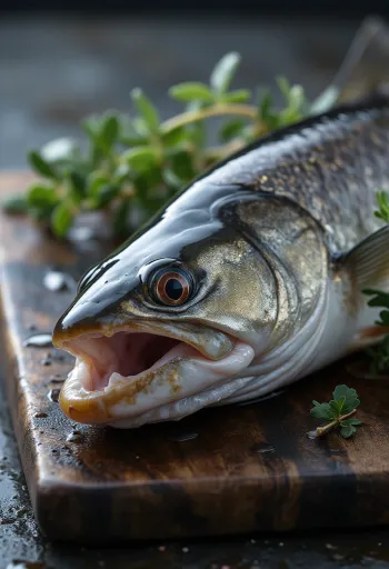 Fileto mlyshi të freskëta me limon, kopër dhe piper në dërrasë prerëse druri