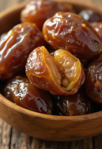 Hurma Arabie të thata dhe të freskëta në sipërfaqe druri, të prera dhe të plota, me bërthamë