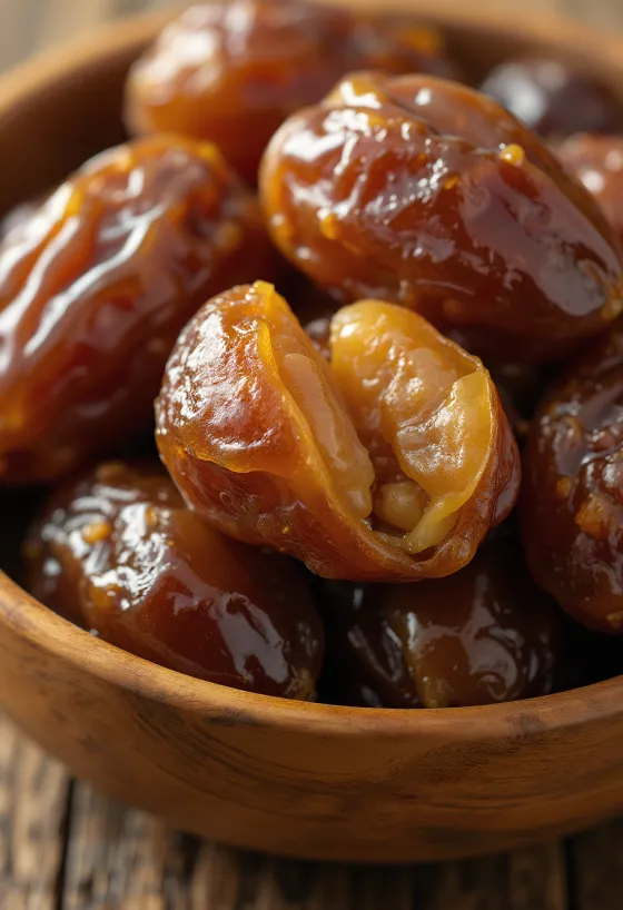 Hurma Arabie të thata dhe të freskëta në sipërfaqe druri, të prera dhe të plota, me bërthamë