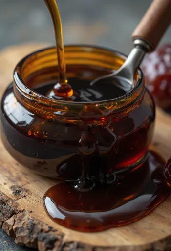 Shurup hurmash në shishe të vogël, me shurup të trashë kafe që rrjedh në lugë druri