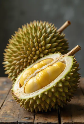 Frut durian i plotë dhe i prerë me lëkurë me gjemba dhe tul të brendshëm kremoz