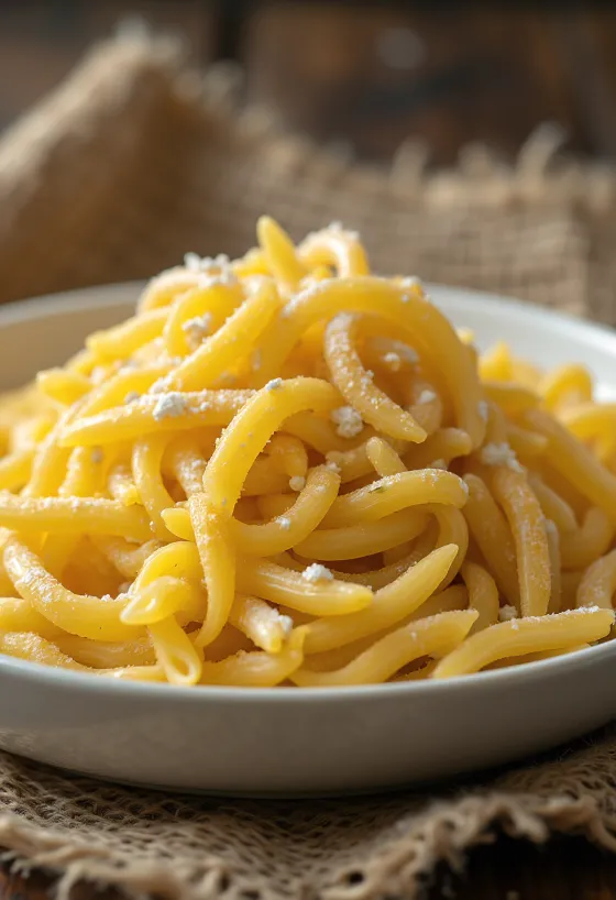 Makarona Durum në tas qeramike rustik të rregulluara në sipërfaqe druri