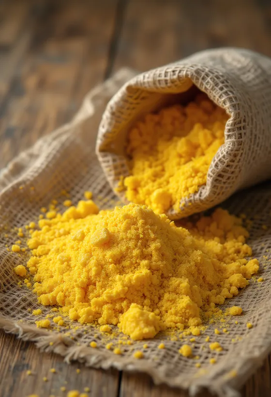 Miell misri me bluarje të ashpër, i verdhë i artë (polenta) në tas druri dhe i shpërndarë në sipërfaqe