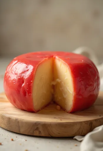 Djathë Edam i prerë në feta me veshje dylli të kuq mbi një dërrasë prerëse djathi prej druri
