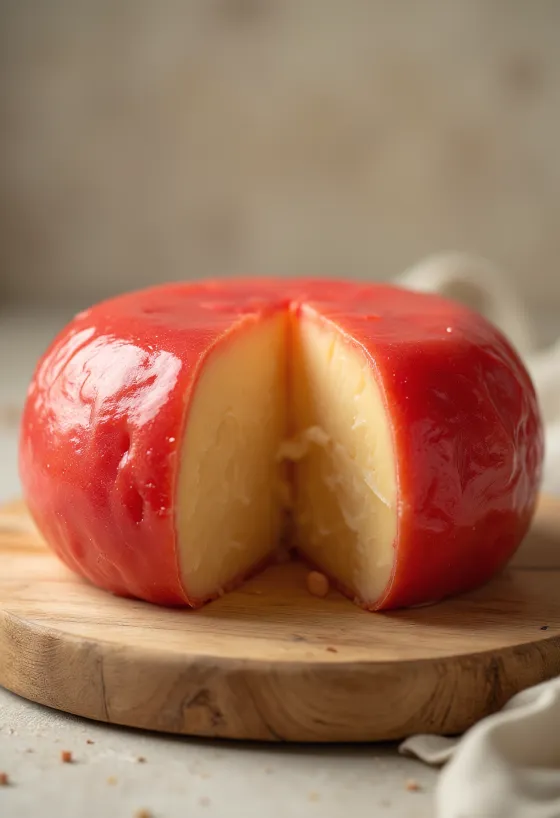 Djathë Edam i prerë në feta me veshje dylli të kuq mbi një dërrasë prerëse djathi prej druri