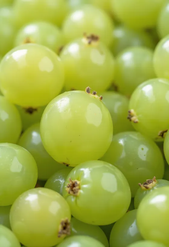 Kokrra të freskëta rrushi frëngu jeshil dhe të kuq të prera në feta, me gjethe në sipërfaqe druri
