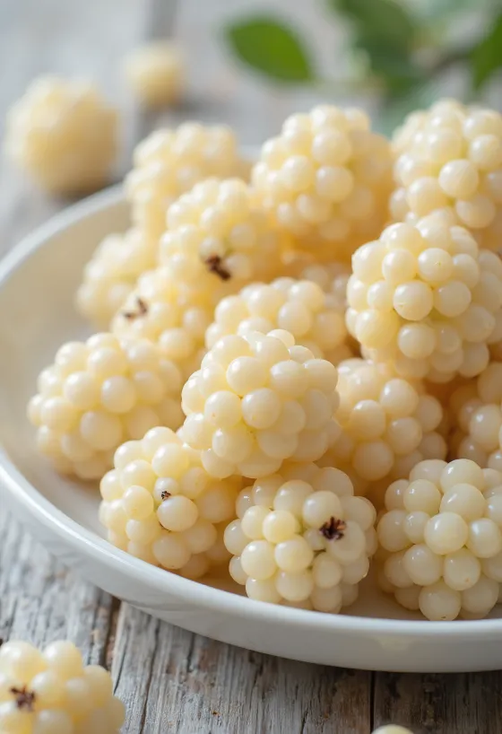Manaferra të bardha të freskëta (Morus alba), të prera dhe të plota në sipërfaqe të pastër