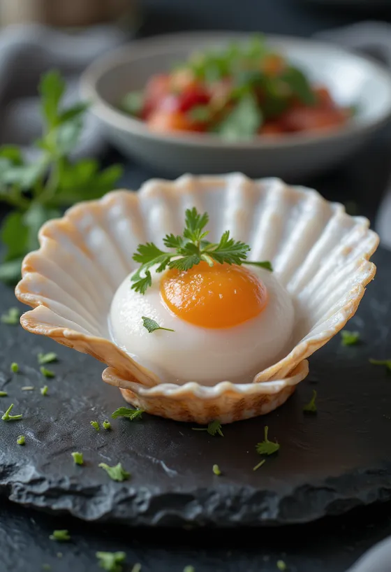 Mish i gjallë midhjeje Shën Jakovi në akull, shërbyer me limon dhe erëza të freskëta