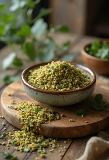 Kokrra Freekeh dhe freekeh i gatuar në tas mbi sipërfaqe druri