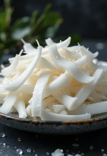 Ashkla kokosi të freskëta në formë fetash natyrale, në sfond të bardhë