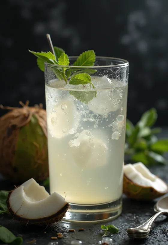 Ujë kokosi i freskët në gotë transparente, pranë lëvozhgë kokosi e thyer në sfond të bardhë