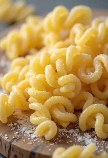 Makarona fusilli të thata në formë spirale në sipërfaqe druri