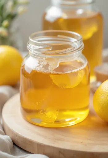 Shurup glukoze në kavanoz të vogël, pranë tij shurup duke rrjedhur nga luga