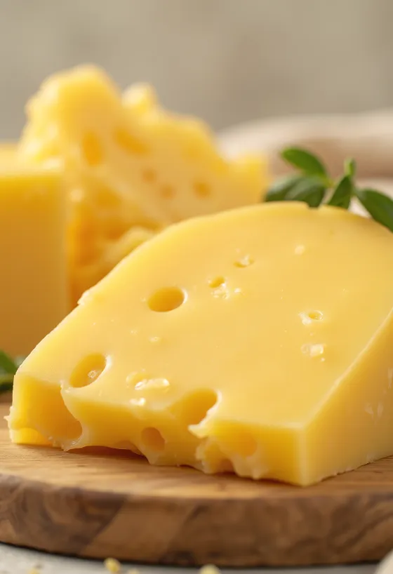 Djathë Gouda i prerë në feta mbi një dërrasë prerëse druri, me thikë djathi