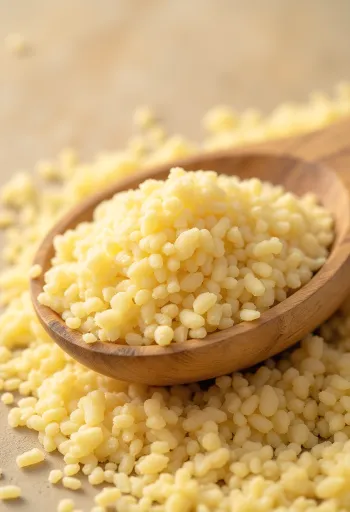 Irmik i papërpunuar, i njohur edhe si semolina, në tas rustik mbi sipërfaqe druri