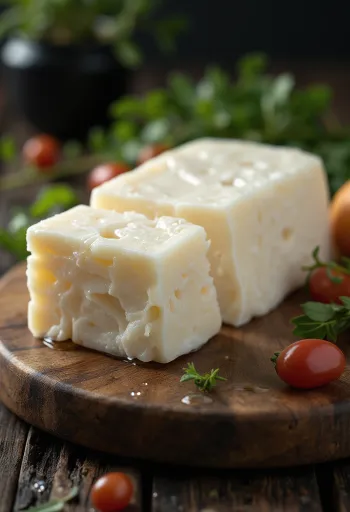 Djathë Halloumi i freskët në një tas të bardhë qeramike, mbi tavolinë druri