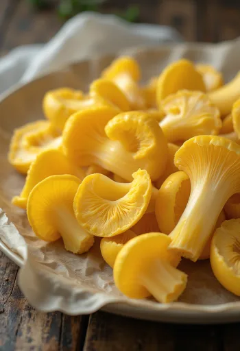 Kërpudha Chanterelle të zbehta të freskëta, të prera, me erëza në dërrasë rustike