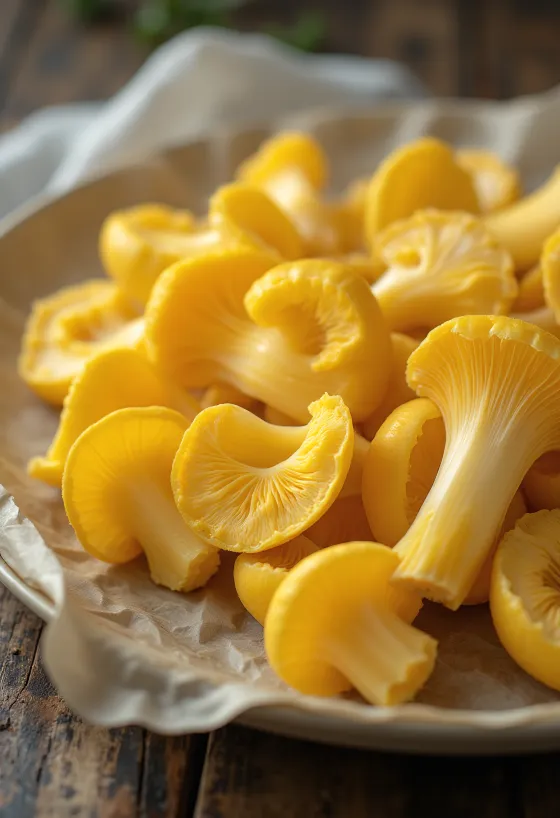 Kërpudha Chanterelle të zbehta të freskëta, të prera, me erëza në dërrasë rustike