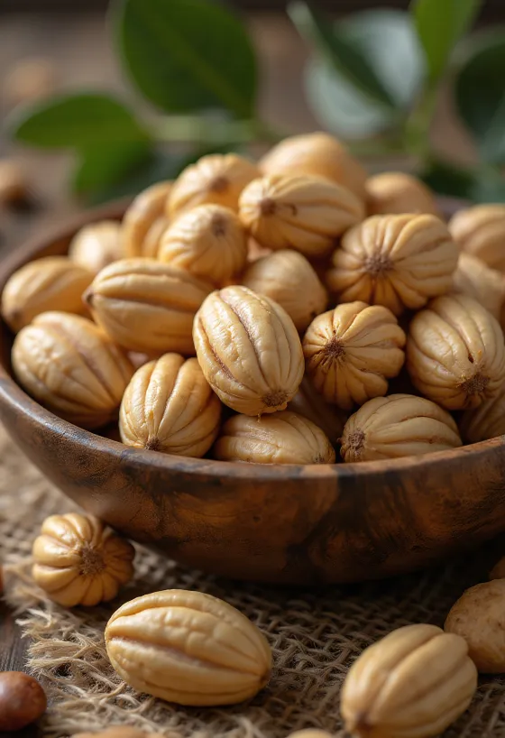 Fara të arrës së brazilit të qëruara grumbull, në sfond të çelët, me mbetje të lëvozhgës kafe
