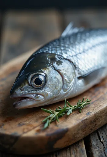 Heringë e freskët me limon, qepë dhe kopër në dërrasë druri