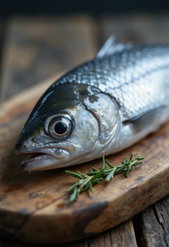 Heringë e freskët me limon, qepë dhe kopër në dërrasë druri