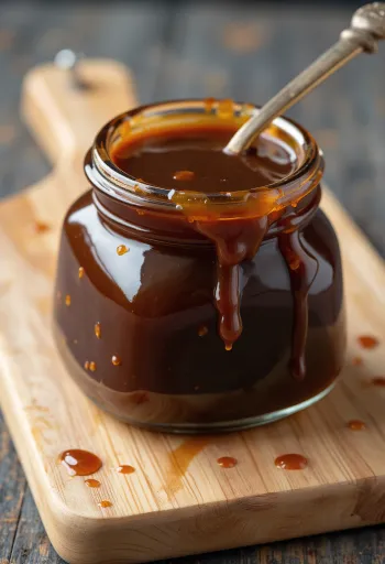 Salcë Hoisin e errët në tas qeramike, rrethuar nga soja e fermentuar, përzierje pesë erëzash, hudhër, uthull, vaj susami dhe sheqer