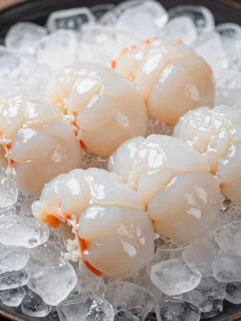 Homar i freskët në dërrasë druri rustike me limon dhe erëza