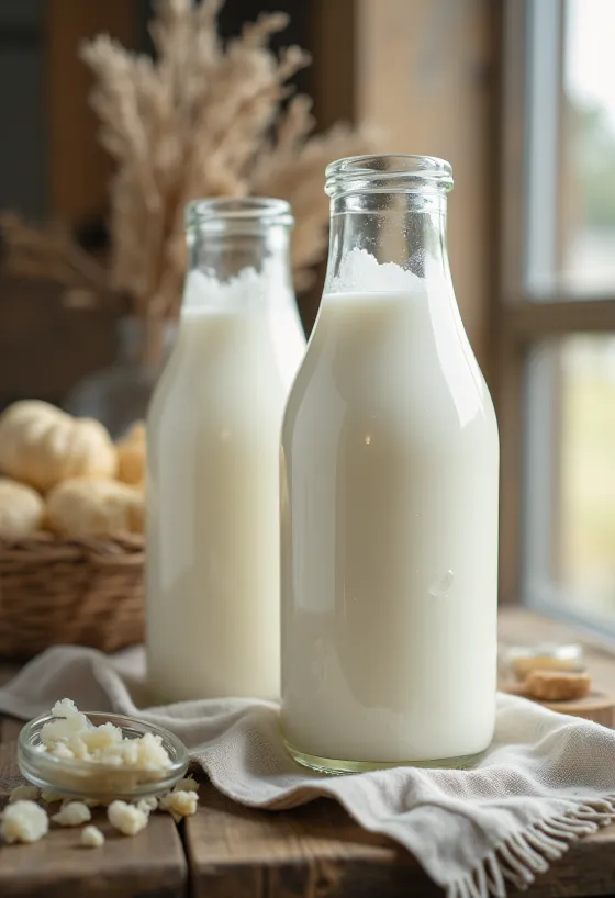 Qumësht deleje i freskët në gotë dhe kaminë mbi sipërfaqe kuzhine të çelët, në formë natyrale