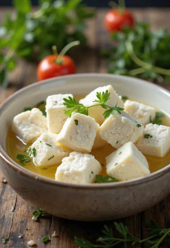 Djathë Feta deleje i freskët në tas qeramike të bardhë, mbi tavolinë druri rustike