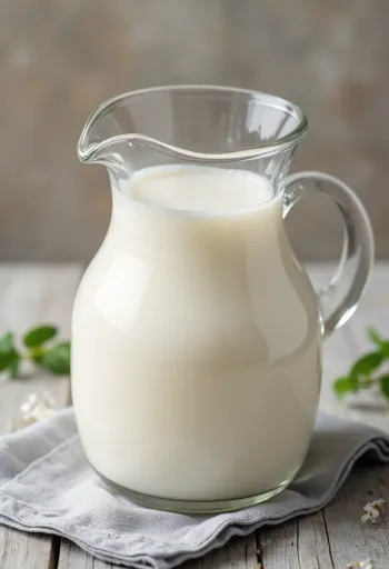 Qumësht i freskët dhie në gotë dhe ibrik mbi sipërfaqe të çelët kuzhine, formë e pastër