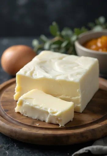 Gjalpë dhie në tas të vogël qeramike, konsistencë kremoze, sipërfaqe druri rustike