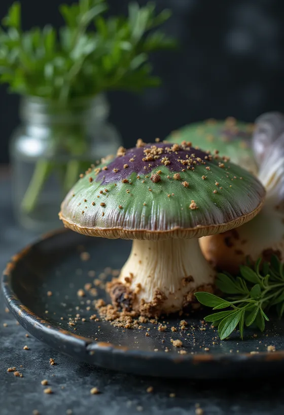 Kërpudha Russula Cyanoxantha të prera dhe të pastruara në dërrasë kuzhine