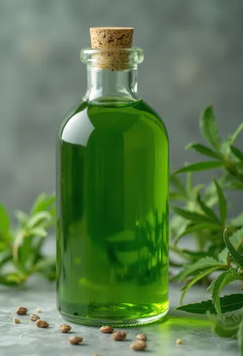 Vaj kërpi në shishe të vogël, pranë fara kërpi të papërpunuara në tas