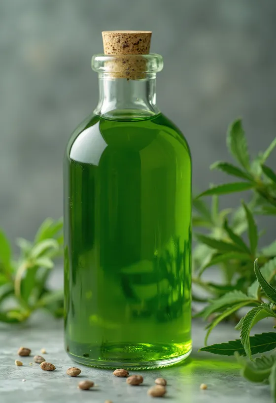 Vaj kërpi në shishe të vogël, pranë fara kërpi të papërpunuara në tas