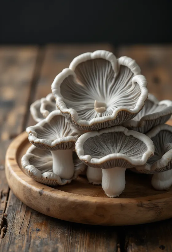 Kërpudha Pleurotus të pastruara dhe të prera në feta gjatë përgatitjes për kuzhinë