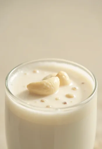 Qumësht shqeme i derdhur në gotë, pranë arra shqeme në tas dhe të shpërndara në banak