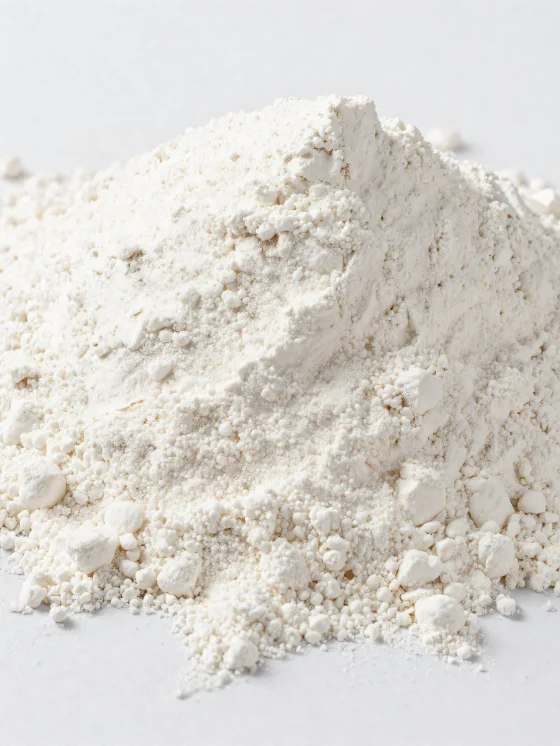 Miell kokosi në tas qeramike, pluhur me ngjyrë të çelët dhe teksturë të imët mbi sipërfaqe druri