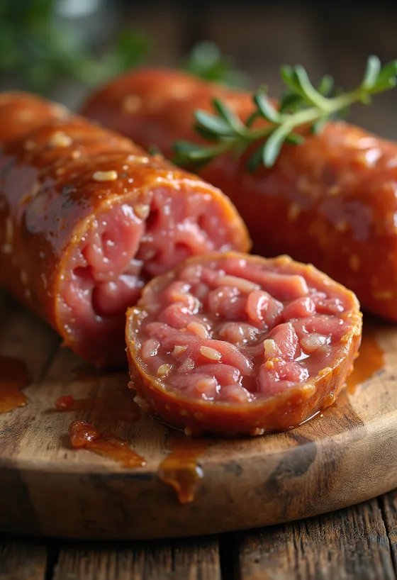 Sallam i thatë i prerë në feta mbi dërrasë druri, me mermerizim yndyre dhe erëza