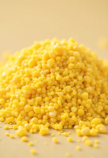 Miell misri i papërpunuar (polenta) në tas rustik, shpërndarë mbi sipërfaqe druri