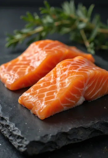 Feta fileto salmoni të freskët me limon, kopër dhe piper mbi dërrasë druri